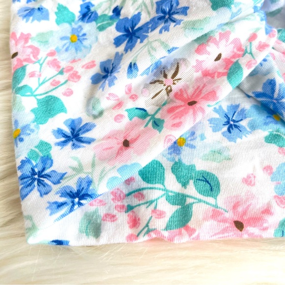 White & Blue Floral Print Jersey Knit WideTwisted Headband, Spring Headwraps - Picture 3 of 6